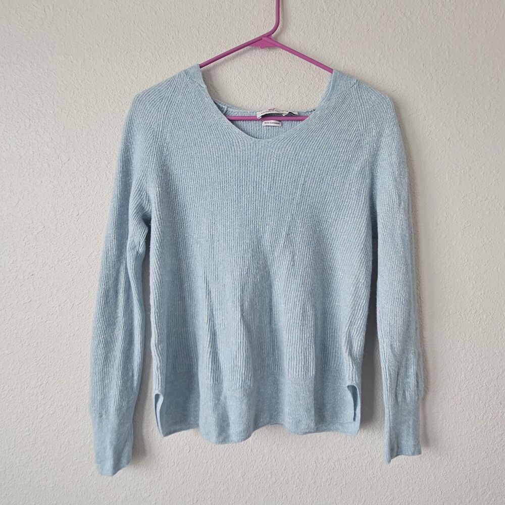 Vineyard Vines Sweater Womens Small Blue Cashmere Linen Hooded V Neck Knit